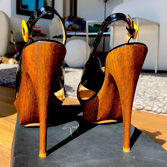 Giuseppe Zanotti Sling Back Vernice Black Patent Leather Wood Sandal Size 37.5 - Picture 3 of 11